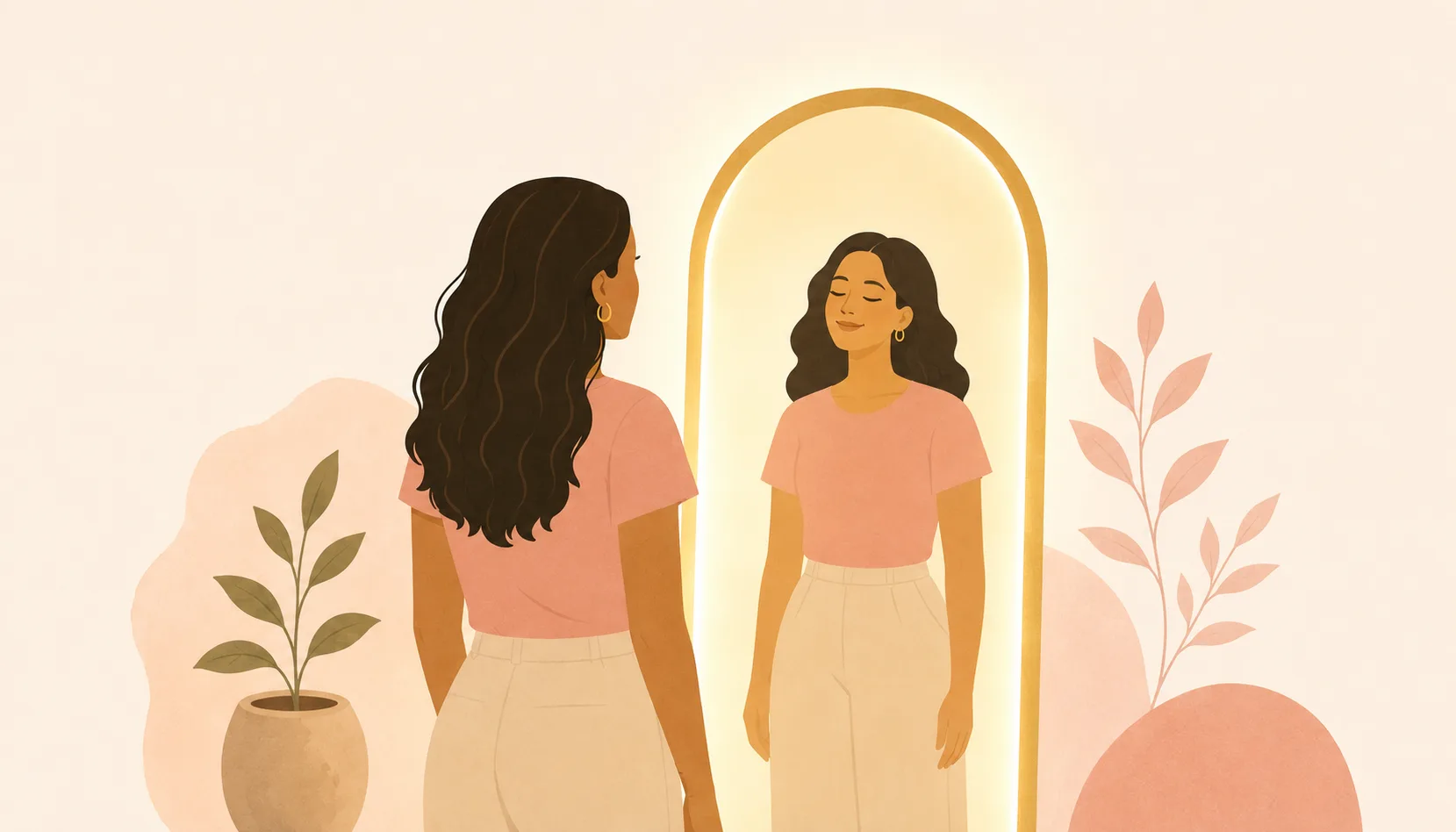 Ilustración: una mujer se detiene frente a un espejo alto de marco dorado; su reflejo la recibe con los ojos cerrados y una sonrisa serena y segura.