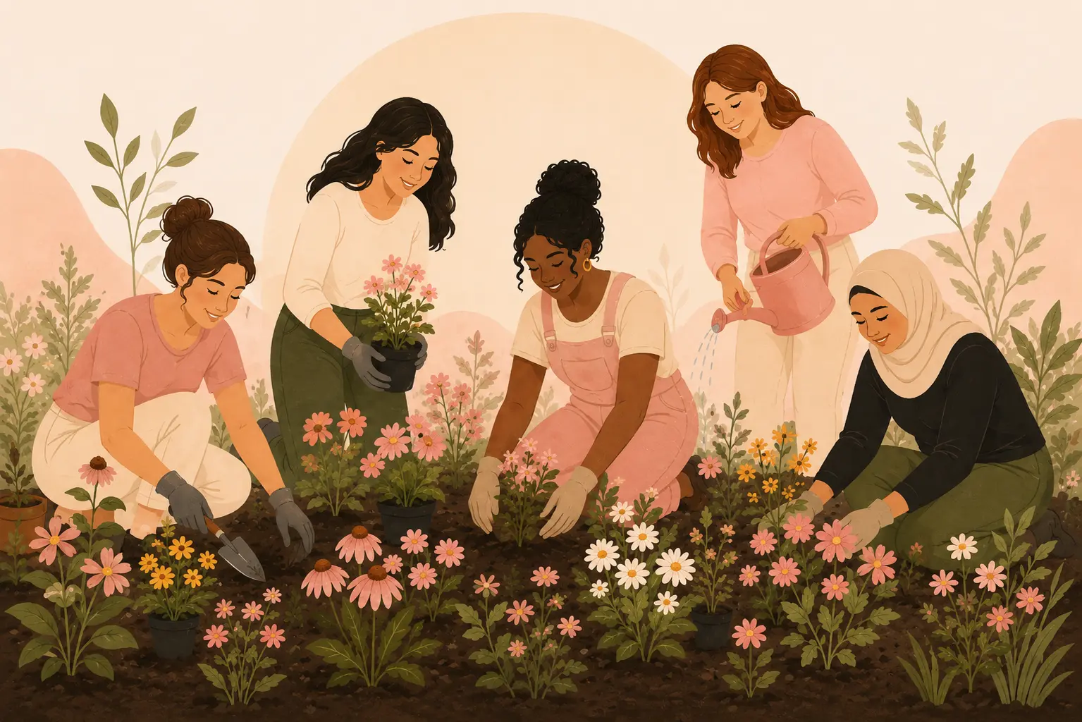 Illustration: five women of different backgrounds kneeling together in a flower bed, planting and watering seedlings side by side.