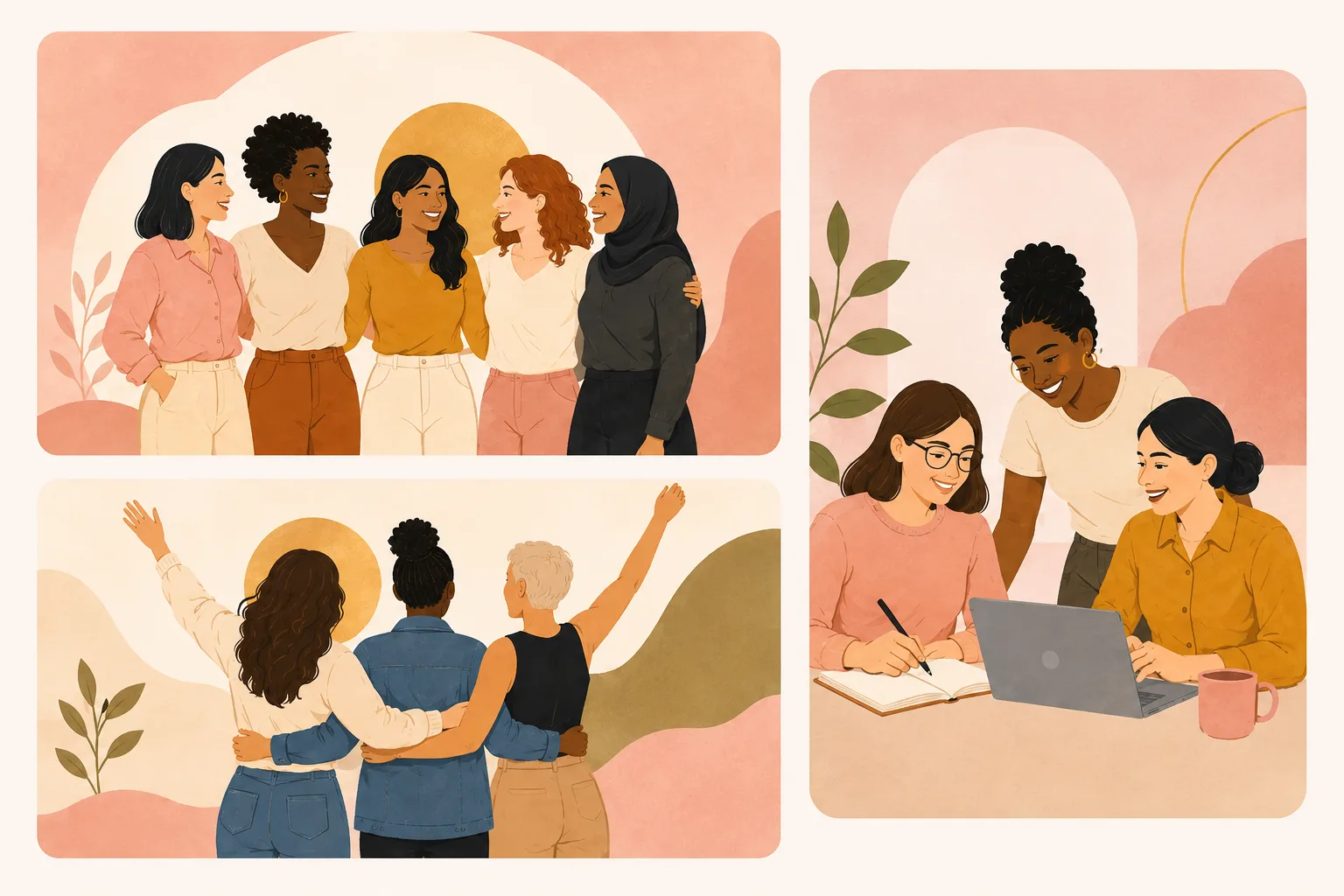 Ilustración de la comunidad SELF Alliance: un grupo de mujeres conversando y sonriendo, tres amigas abrazadas celebrando, y tres mujeres trabajando juntas frente a una laptop.