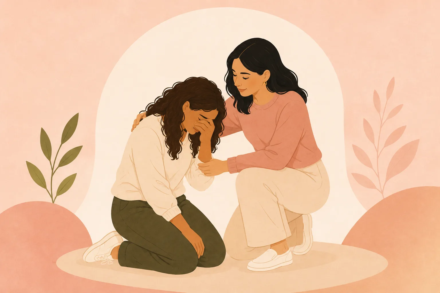 Illustration: a woman kneels with her face in her hand while another kneels beside her, a hand on her shoulder, accompanying her.