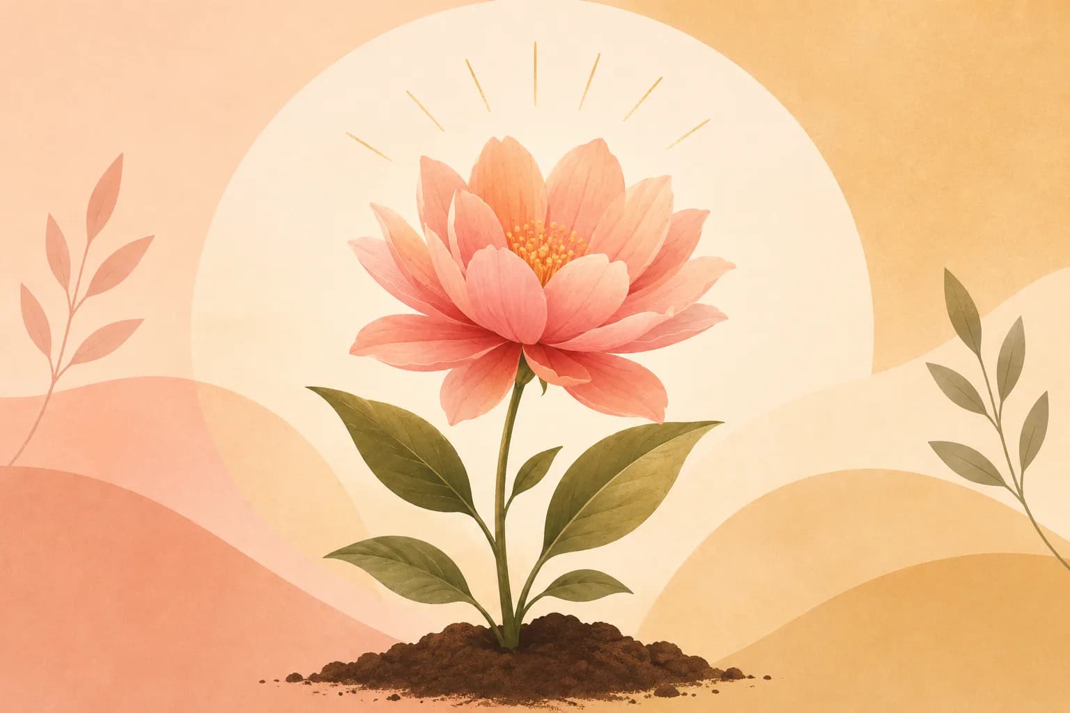Illustration: a pink flower in full bloom, rooted in dark soil and lit from behind by a rising sun.